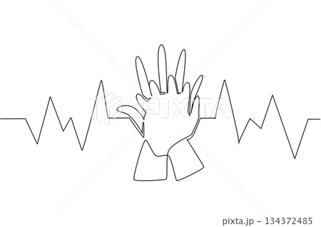 Continuous line drawing of hands performing chest compressions with a heartbeat line in the background, representing health concept for National CPR and AED Awareness emergency care. 134372485