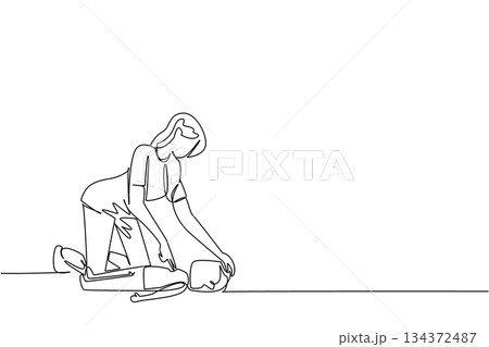Single line drawing of a woman checking the airway of a patient on the ground, representing health concept for National CPR and AED Awareness to promote emergency life-saving skills. 134372487