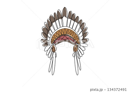 Continuous line drawing of a Native American chief feathered headdress front view, representing cultural heritage concept for American Indian Citizenship Day in a history and pride theme. 134372491