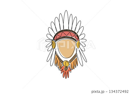 Single line drawing of a Native American man chief in ceremonial feather headdress, representing cultural heritage concept for American Indian Citizenship Day in a history and tradition theme. 134372492