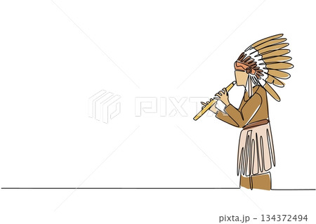 One line drawing of a Native American man playing a flute in ceremonial attire, symbolizing cultural heritage concept for American Indian Citizenship Day in a history and tradition theme. One line drawing of a Native American man playing a flute in ceremonial attire, symbolizing cultural heritage concept for American Indian Citizenship Day in a history and tradition theme. 134372494