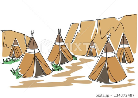 Continuous line drawing of a Native American village with multiple teepees, representing cultural heritage concept for American Indian Citizenship Day in a history and tradition theme. Continuous line drawing of a Native American village with multiple teepees, representing cultural heritage concept for American Indian Citizenship Day in a history and tradition theme. 134372497