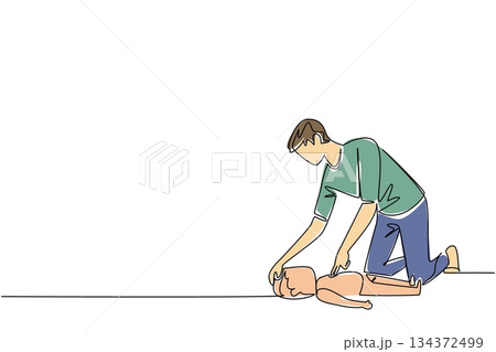 National CPR and AED Awareness illustration of a father giving CPR to a child, family health concept in continuous line drawing style, inspiring life-saving readiness in all households. 134372499