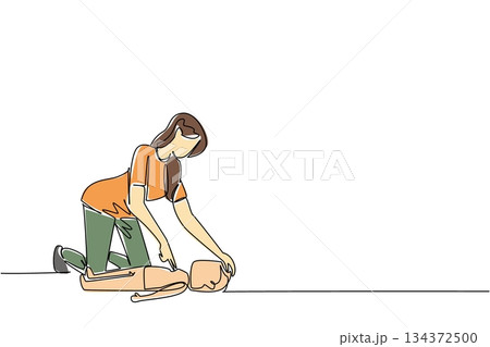 National CPR and AED Awareness art depicting a mother aiding CPR on a patient, health and care concept in single line drawing style, encouraging first aid learning for families. 134372500