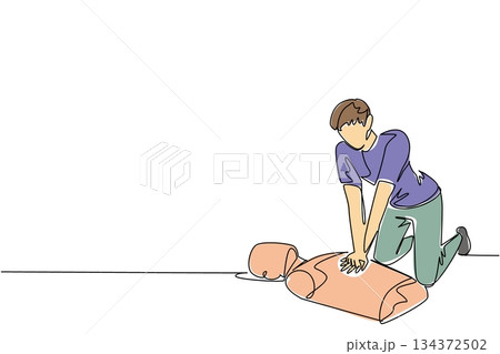 National CPR and AED Awareness design featuring a boy learning CPR on a dummy, education and safety concept in continuous line drawing style, teaching youth life-saving skills. 134372502