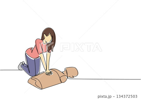 National CPR and AED Awareness artwork showing a woman operating an AED on a patient, healthcare concept in single line drawing style, emphasizing quick emergency response skills. 134372503