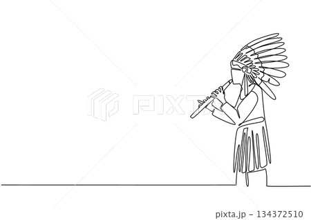 Continuous line drawing of a Native American man wearing a feather headdress playing a flute, symbolizing culture concept for American Indian Citizenship Day and indigenous musical traditions. 134372510