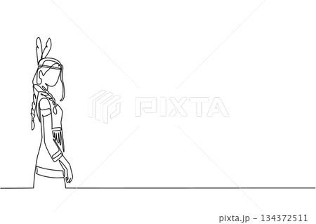Single line drawing of a Native American woman in traditional dress with feather headband, representing culture concept for American Indian Citizenship Day and celebrating indigenous heritage. 134372511