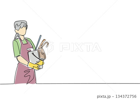 Continuous line drawing of a old woman with gloves carrying bucket and cleaning tools, celebrating National Old Maids Day in a housekeeping concept highlighting hard work and dedication. Continuous line drawing of a old woman with gloves carrying bucket and cleaning tools, celebrating National Old Maids Day in a housekeeping concept highlighting hard work and dedication. 134372756