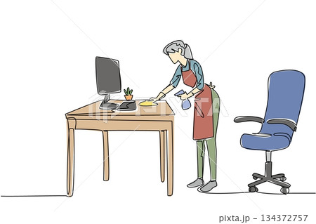 Continuous line drawing of a woman cleaning the office desk with spray and cloth, highlighting National Old Maids Day in a housekeeping concept to honor dedication and professional service. 134372757
