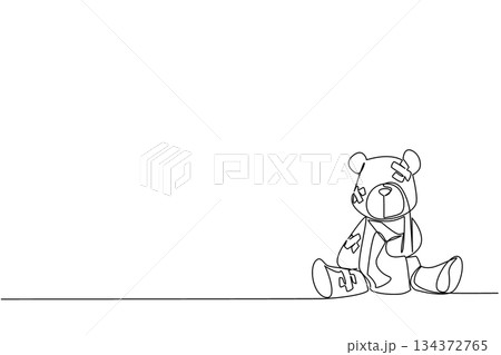Single line draw of a teddy bear covered in patches and bandages, reflecting the wounded innocence of children, as a psychology concept for International Day of Innocent Children Victims of Aggression Single line draw of a teddy bear covered in patches and bandages, reflecting the wounded innocence of children, as a psychology concept for International Day of Innocent Children Victims of Aggression 134372765