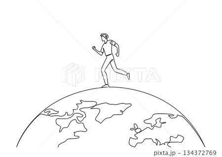 One line drawing of a man running on top of the globe, honoring Global Running Day as a symbol of strength, fitness, and international unity in an inspiring sport concept. One line drawing of a man running on top of the globe, honoring Global Running Day as a symbol of strength, fitness, and international unity in an inspiring sport concept. 134372769