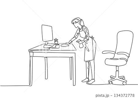 Continuous line drawing of a woman cleaning work office desk with spray and cloth, symbolizing dedication to hygiene, health, and order, created as a business concept for National Old Maids Day theme. 134372778
