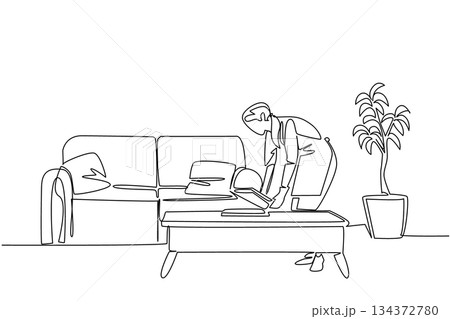 Single line drawing of a woman tidying cushions in the living room, symbolizing order, neatness, and dedication to home care, created as an industry concept for National Old Maids Day. Single line drawing of a woman tidying cushions in the living room, symbolizing order, neatness, and dedication to home care, created as an industry concept for National Old Maids Day. 134372780