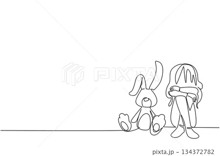One line draw of sad girl sitting with her stuffed rabbit doll, symbolizing lost innocence and comfort in pain, as a psychology concept for International Day of Innocent Children Victims of Aggression One line draw of sad girl sitting with her stuffed rabbit doll, symbolizing lost innocence and comfort in pain, as a psychology concept for International Day of Innocent Children Victims of Aggression 134372782