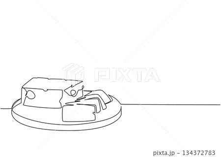 One line drawing of cheese slice with cubes on a plate, created as a food concept illustration for National Cheese Day celebration, highlighting dairy industry and minimalist design style. One line drawing of cheese slice with cubes on a plate, created as a food concept illustration for National Cheese Day celebration, highlighting dairy industry and minimalist design style. 134372783