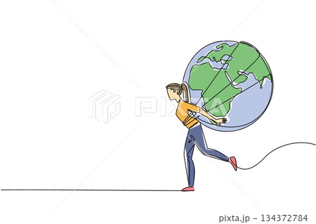 Single line drawing of a woman running with the world strapped on her back, created for Global Running Day to represent sport concept, endurance, energy, and international fitness celebration. Single line drawing of a woman running with the world strapped on her back, created for Global Running Day to represent sport concept, endurance, energy, and international fitness celebration. 134372784