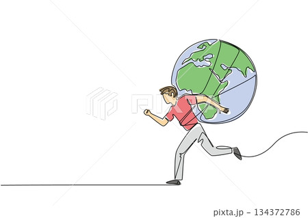 Continuous line drawing of a young man running with the globe carried on his back, designed for Global Running Day to highlight health concept, strength, stamina, and international unity. Continuous line drawing of a young man running with the globe carried on his back, designed for Global Running Day to highlight health concept, strength, stamina, and international unity. 134372786