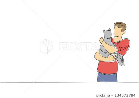 Continuous line drawing illustration for National Hug Your Cat Day featuring a smiling young man hugging his cat, highlighting the warmth of human-animal bond in a lifestyle concept. 134372794