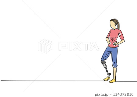 A single line drawing of a young woman with a prosthetic leg in casual clothing, representing inclusivity, resilience, and awareness for World Day for Assistive Technology in a health concept. 134372810
