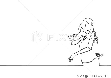 One line drawing of a girl holding insect repellent spray while surrounded by mosquitoes, health concept, international theme for Insect Repellent Awareness Day, minimalist style showing safety. 134372818