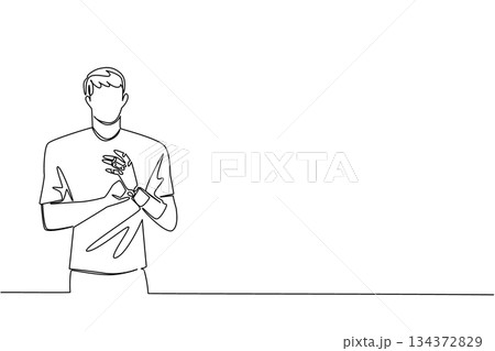 This one line drawing depicts a young man with a prosthetic hand across his chest, reflecting dignity, resilience, and strength within the health concept of World Day for Assistive Technology. This one line drawing depicts a young man with a prosthetic hand across his chest, reflecting dignity, resilience, and strength within the health concept of World Day for Assistive Technology. 134372829