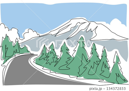 Continuous line drawing of Chimborazo with snowy peaks and green pine forest, reflecting Chimborazo Day in a fresh nature concept celebration artwork. 134372833