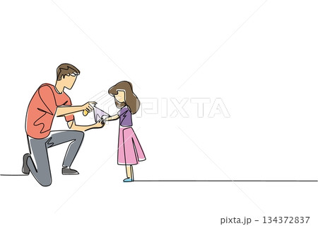 Single line drawing for Insect Repellent Awareness Day depicting a father applying insect spray on his daughter, symbolizing family health care, safety awareness, and mosquito protection in daily life 134372837