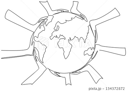 Continuous line draw of hands around Earth represents unity in environment concept for World Environment Day, promoting global cooperation, climate action, and sustainability awareness across nations. Continuous line draw of hands around Earth represents unity in environment concept for World Environment Day, promoting global cooperation, climate action, and sustainability awareness across nations. 134372872