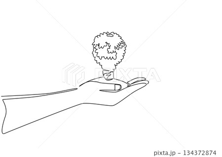 Single line draw of a hand holding a tree shaped like bulb lamp, symbolizes global environment concept for World Environment Day, promoting sustainability, conservation, and collective climate action. 134372874