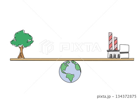 A tree and a factory balanced on a scale above Earth illustrate sustainability and the need for balance between nature and industry in single line drawing style for World Environment Day. 134372875