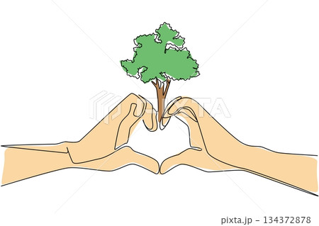 Two hands form a heart while holding a small green tree, symbolizing care, love, and protection for nature in single line drawing style, reflecting a nature concept for World Environment Day. 134372878
