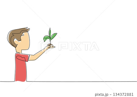 Continuous line drawing showing a boy holding a small sprouting plant in soil, representing hope, sustainability, and young generation responsibility for nature on World Environment Day. 134372881