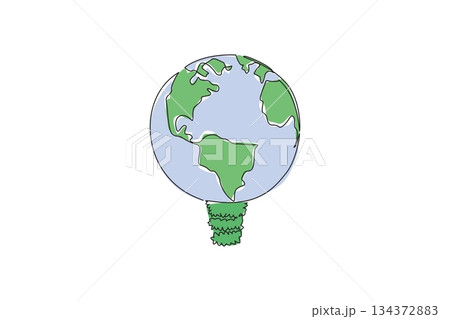 Single line drawing of a light bulb designed as planet Earth, symbolizing renewable energy, sustainability, environmental awareness, and innovative eco solutions for World Environment Day celebration. 134372883