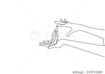 Hands presenting skincare serum product are drawn in continuous line draw style, representing cosmetic business concept, wellness rituals, and celebration of natural care on National Clean Beauty Day 134372884