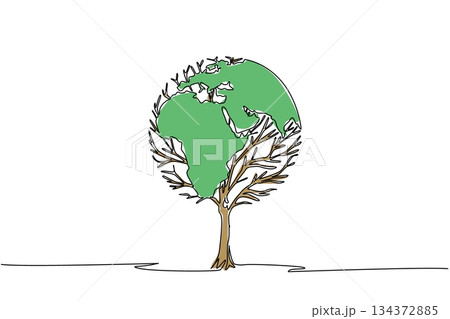 Single line drawing of Earth shaped as a tree highlights nature concept for World Environment Day, symbolizing sustainability, eco awareness, and the importance of protecting forests and ecosystems. 134372885