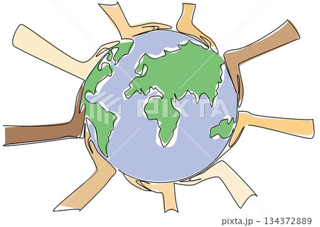 Continuous line draw of diverse hands around Earth illustrates unity and environment concept for World Environment Day, promoting global cooperation, sustainability, and collective care for the planet 134372889