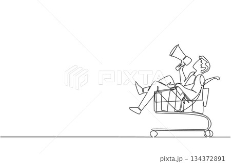 A young man with megaphone sits inside shopping cart in one line drawing style, symbolizing consumer voice, retail marketing, and celebration of customer culture for Shopping Cart Day. A young man with megaphone sits inside shopping cart in one line drawing style, symbolizing consumer voice, retail marketing, and celebration of customer culture for Shopping Cart Day. 134372891