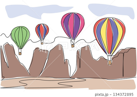 Continuous line drawing of colorful hot air balloons soaring over rocky mountains reflects an adventure concept tied to Hot Air Balloon Day, celebrating travel, freedom, and breathtaking international Continuous line drawing of colorful hot air balloons soaring over rocky mountains reflects an adventure concept tied to Hot Air Balloon Day, celebrating travel, freedom, and breathtaking international 134372895