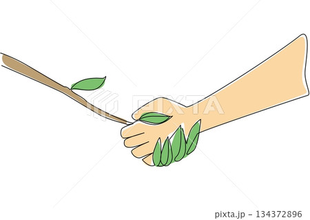 Continuous line draw of a hand holding a green plant branch illustrates nature concept for World Environment Day, promoting sustainability, eco awareness, global responsibility for protecting earth Continuous line draw of a hand holding a green plant branch illustrates nature concept for World Environment Day, promoting sustainability, eco awareness, global responsibility for protecting earth 134372896