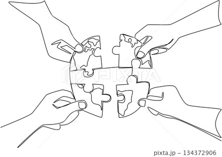 Single line draw of hand assembling globe puzzle pieces reflects unity concept under World Environment Day, promoting collaboration, sustainability, and shared responsibility for protecting the planet Single line draw of hand assembling globe puzzle pieces reflects unity concept under World Environment Day, promoting collaboration, sustainability, and shared responsibility for protecting the planet 134372906