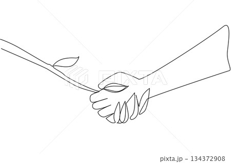 Single line draw of a hand handshake a plant, nature World Environment Day, nature close friend. Reflecting sustainability, conservation, and global responsibility for protecting natural resources Single line draw of a hand handshake a plant, nature World Environment Day, nature close friend. Reflecting sustainability, conservation, and global responsibility for protecting natural resources 134372908