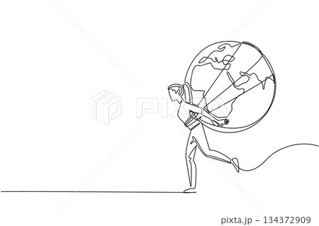 Global Running Day continuous line drawing shows the Earth with arms and legs running, symbolizing a healthy planet, sport concept, and the worldwide spirit of movement. 134372909