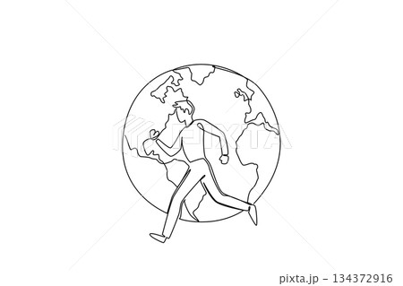 A single line drawing of a male athlete running with the Earth on his back, symbolizing strength and resilience for Global Running Day in a creative sport concept design. 134372916