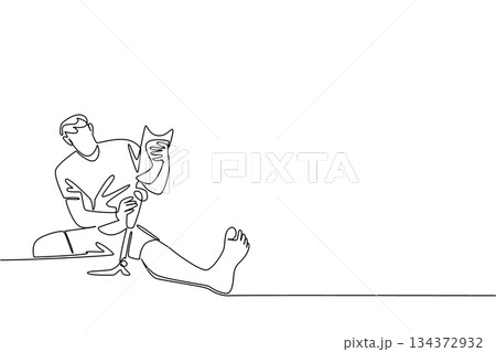 A one line drawing vector of a young man adjusting his prosthetic leg while seated, symbolizing adaptation, innovation, and strength for the World Day for Assistive Technology health concept. 134372932