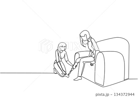 Continuous line draw of World Day for Assistive Technology, featuring a woman assisting another woman with prosthetic leg on sofa. Show inclusion, care, health innovation, and accessibility concept. Continuous line draw of World Day for Assistive Technology, featuring a woman assisting another woman with prosthetic leg on sofa. Show inclusion, care, health innovation, and accessibility concept. 134372944