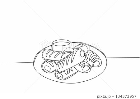 A single line drawing of sausage rolls displayed on a round plate with dipping sauce, representing a culinary concept design. This minimalist artwork highlights National Sausage Roll Day celebration. A single line drawing of sausage rolls displayed on a round plate with dipping sauce, representing a culinary concept design. This minimalist artwork highlights National Sausage Roll Day celebration. 134372957