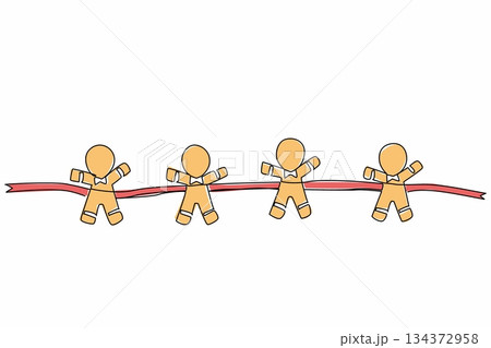 A playful continuous line drawing of gingerbread men cookies arranged on a festive ribbon, symbolizing National Gingerbread Day with a creative food concept holiday design illustration. 134372958