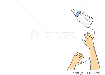 A single line drawing showing a baby hand crawling while reaching a formula milk plastic bottle, symbolizing nurturing care and healthy growth for Infant Feeding Day in a family health concept. 134372959
