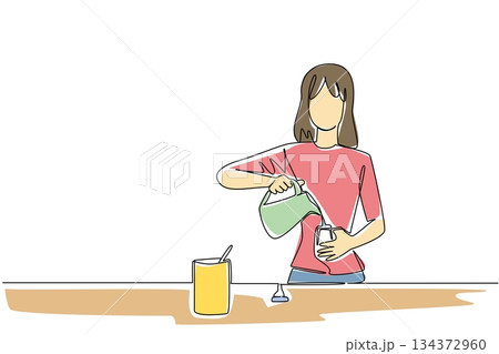 Continuous line drawing of a woman preparing milk baby formula by pouring hot water and powder into a glass, reflecting Infant Feeding Day with a health concept focus on nutrition and parenting care. 134372960